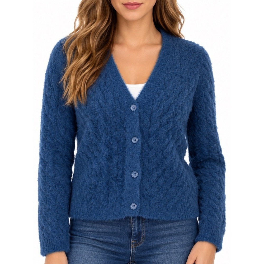 Cyrus Womens Blue Fuzzy Cable Knit Button Cardigan Sweater Size M